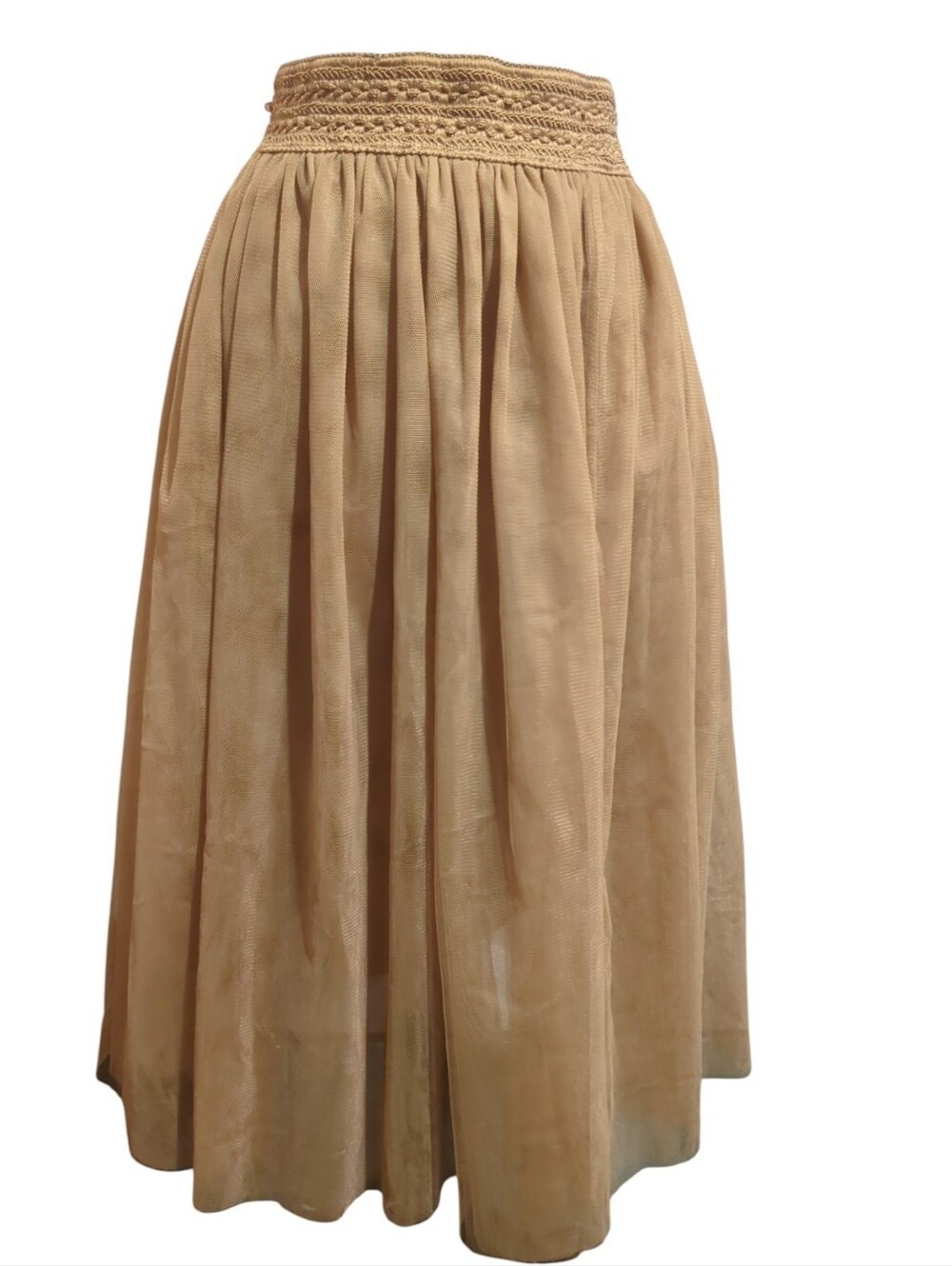 Balletcore Med Beige Gold Layered Tulle Midi Skirt Elastic Waist Fairy Cottage